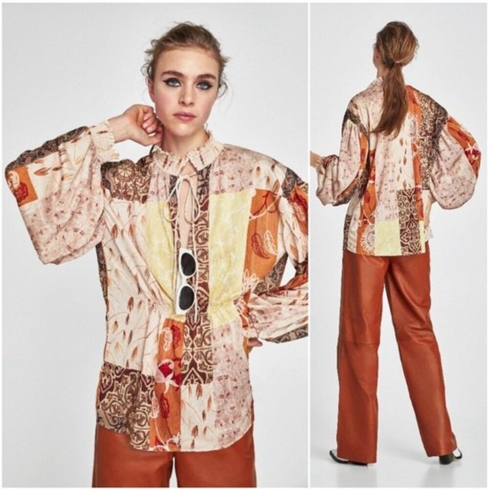 Zara Patchwork Peasant Blouse Size Large - image 3